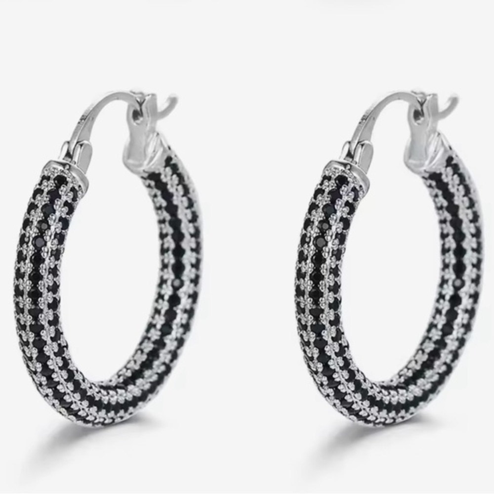 New Silver and Black Spinel Hoop Earrings